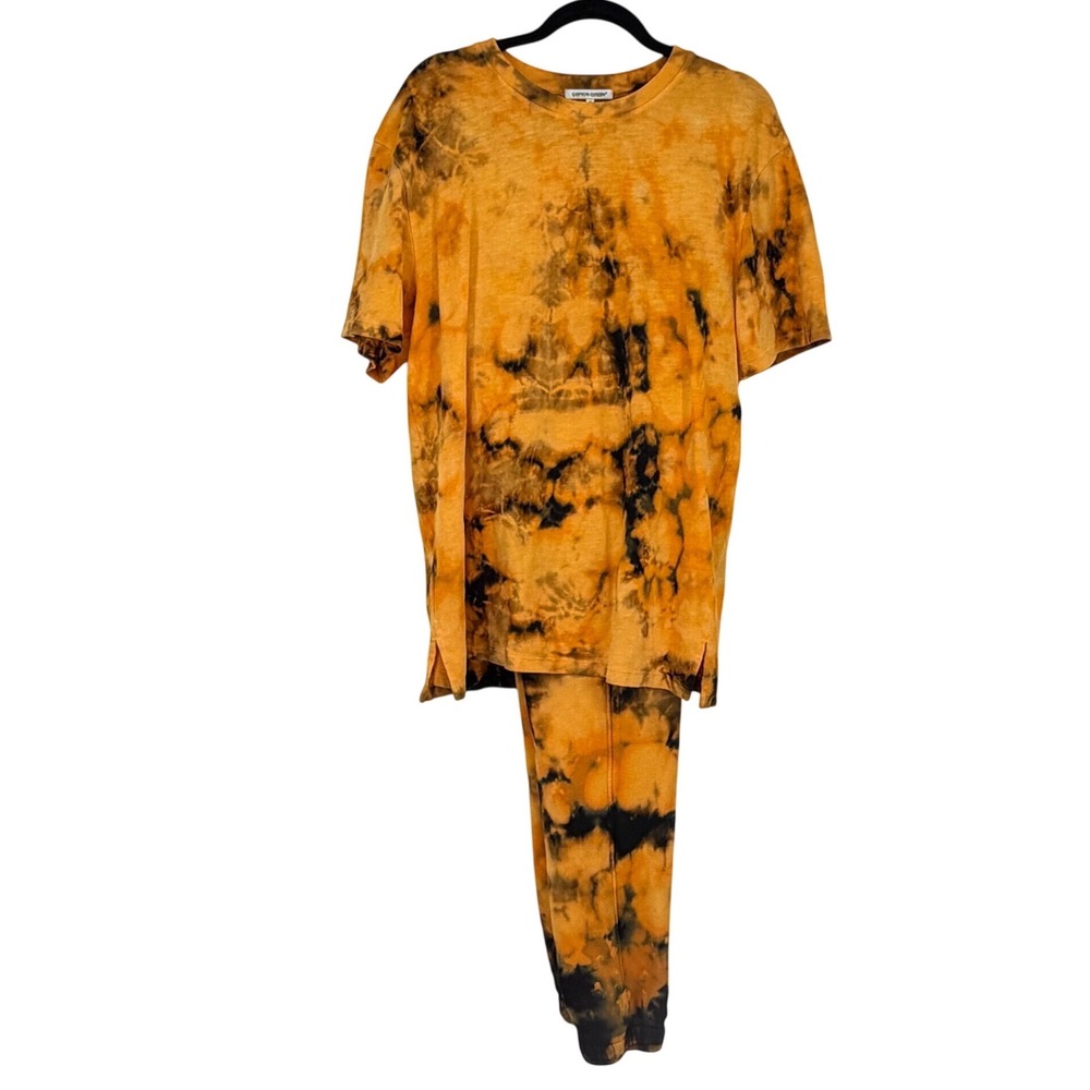 Cotton Citizen Tie Dye T-Shirt Jogger Pants Set Medium Orange Black USA